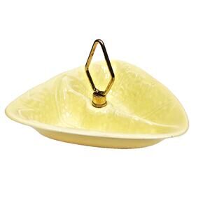 MCM California Pottery Yellow Divided Relish Nut Dish Candy Bowl w Metal Handle